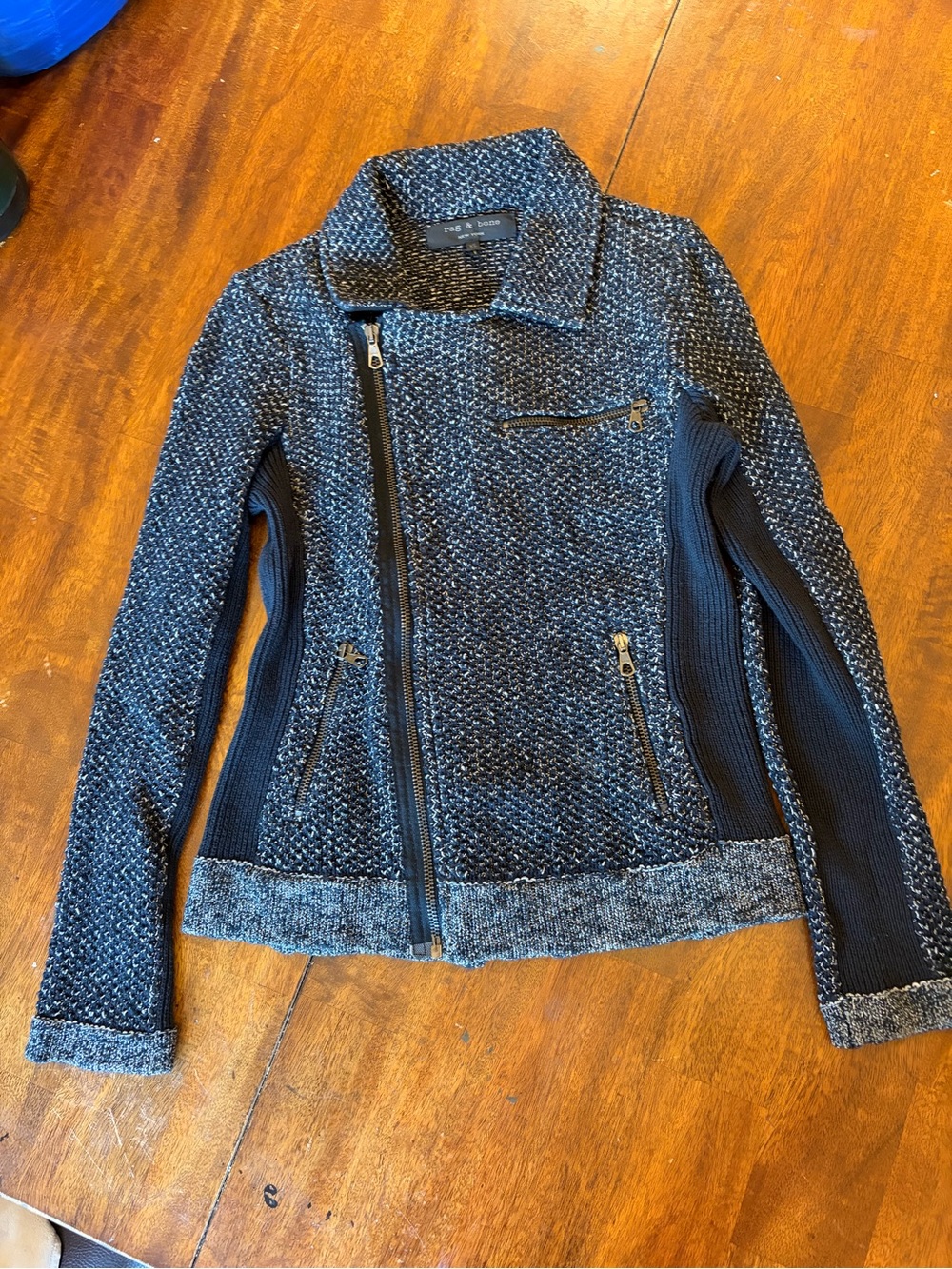 Rag & Bone Hart Tweed Knit Moto Jacket XS Gray Trim Zip
